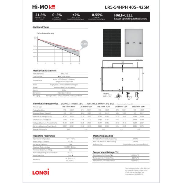 405 Вт Моно солнечная панель на крыше Longi Hi Mo 5м LR5-54HPH 405M