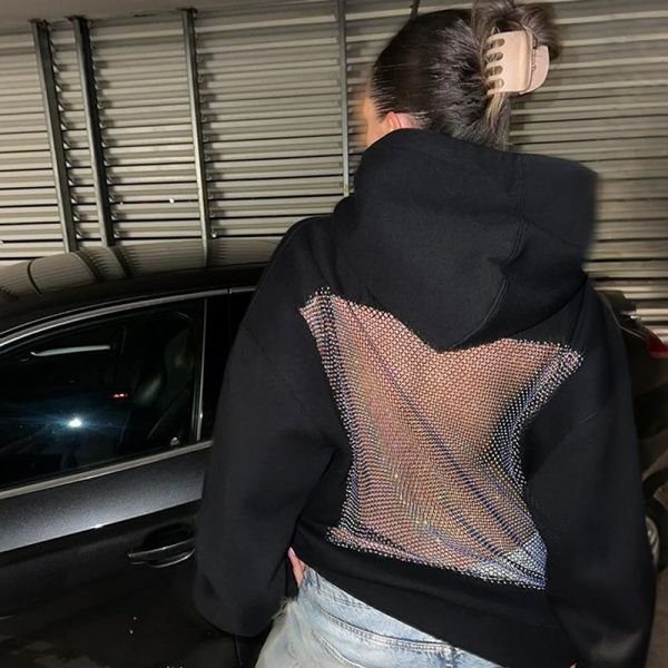 Customize Solid Rhinestone Bling Hollow Out Hoodie Backless Design Eye-Catching Must-Have Polyester/Cotton Oversized Breathable