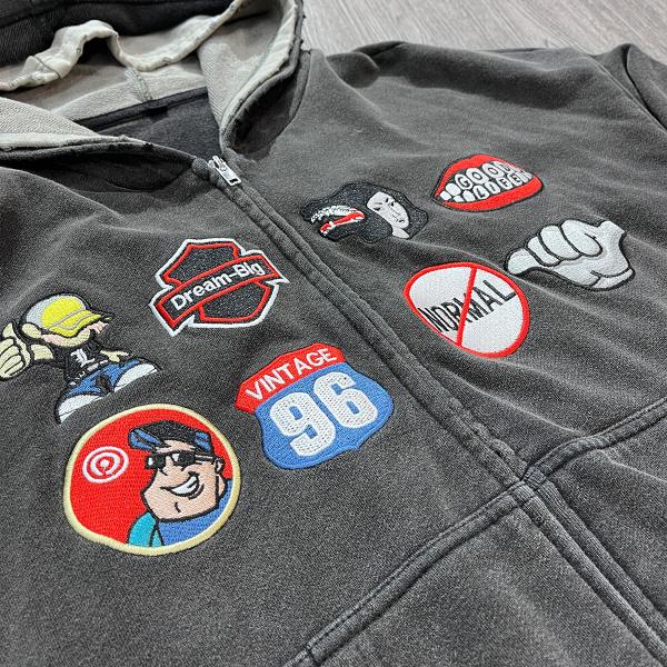 Customized Colors Double Layer Hooded Embroidery Patch Logo Acid Wash Heavy Cotton Zip Up Vintage Hoodie At Affordable