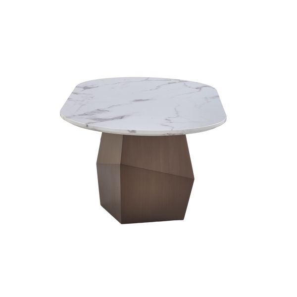 T1055 Oval White Marble coffee Table with Geometric Bronze Base Modern Minimalist