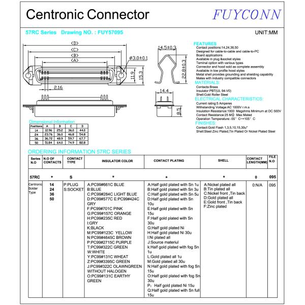 Соединитель чемпиона припоя Centronic 57 серий CN женский с защелками 14pin 24pin 36pin 50pin весны