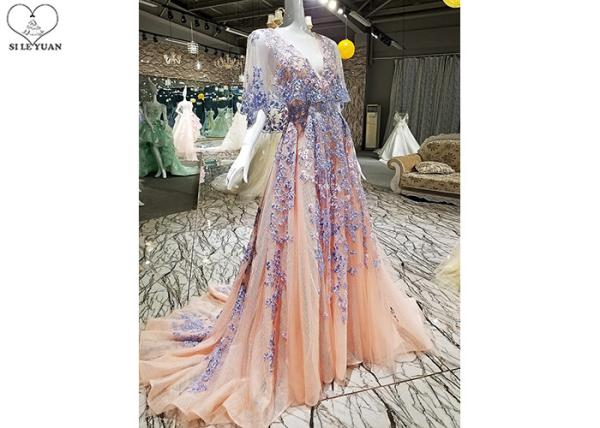 Backless Tailor Made Prom Dresses , Deep V Neck Floral Ball Gown Bat Wing Sleeve
