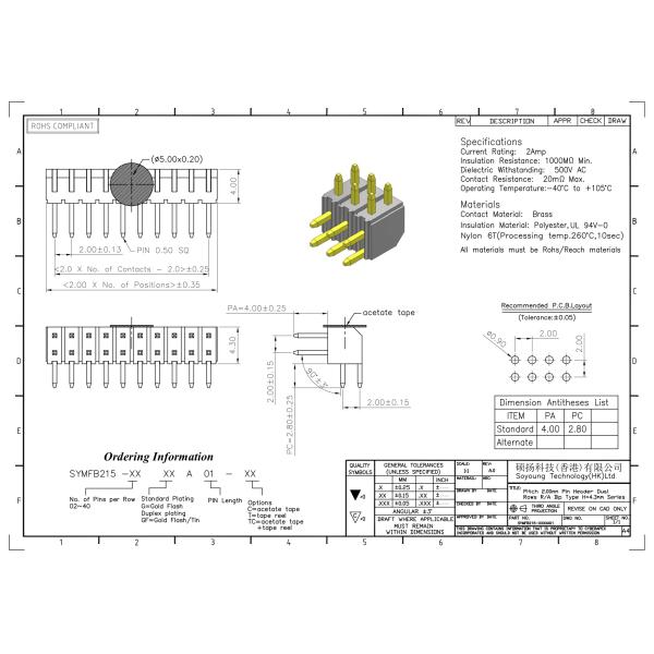 ТИП 2 *2PIN двойной строки соединителя 2.00mm заголовка Pin R/A прямое к 2*40PIN H=4.30MM