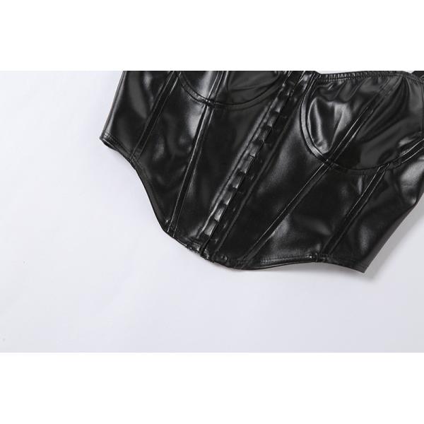 PU Low Cut Short Cropped Cami Tank Top Front Buckle Design