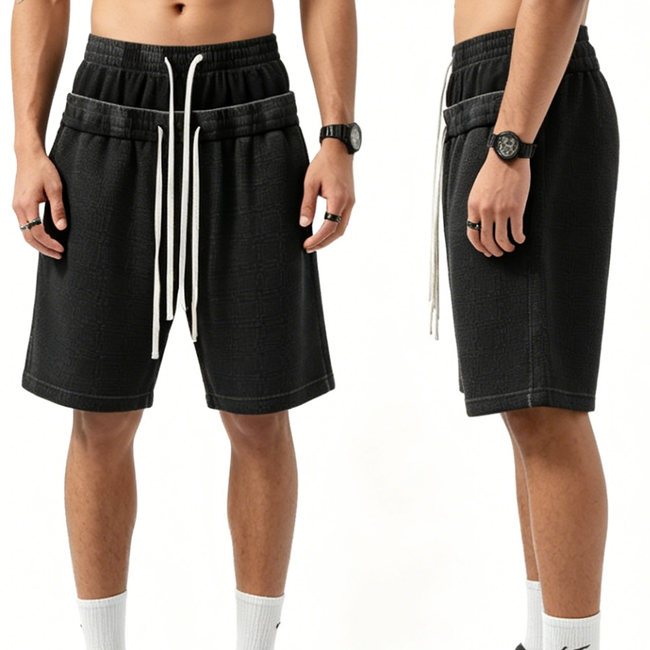 Snow Wash Waffle Sweat Shorts Custom Print Vintage Oversized Shorts With Double Drawstring