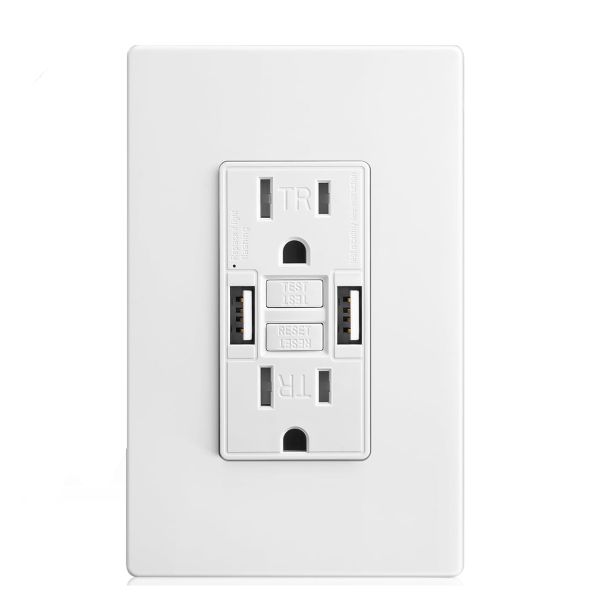 15A 125V GFCI Outlet with Self-Test and Dual USB Charging Ports for Residential Use