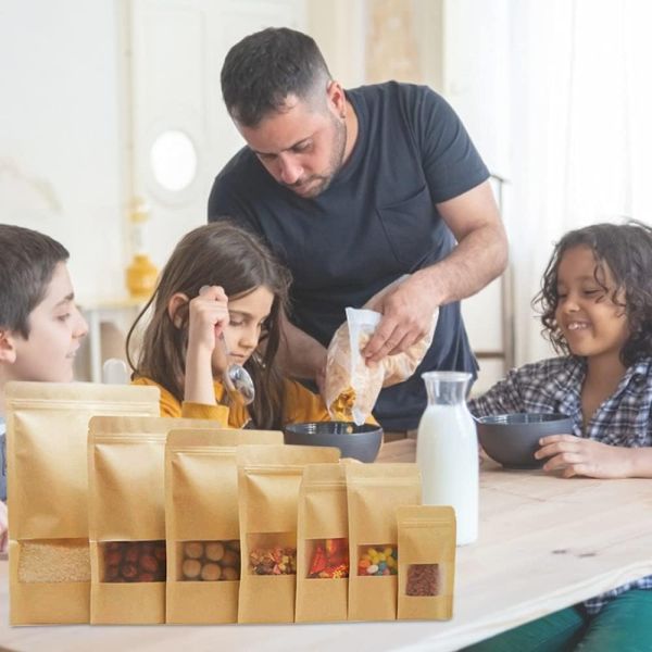 Wholesale Customized Brown Eco-friendly Sealed Transparent Food Packaging Bags Sealing Kraft Paper Bags