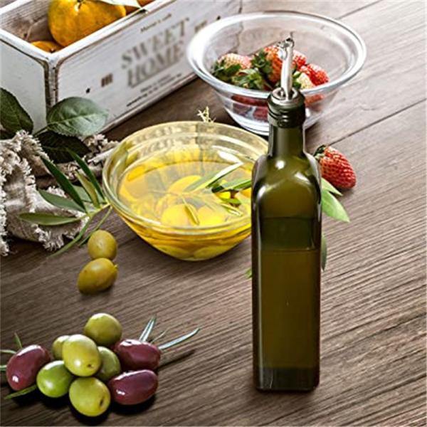 Glass Dark Green Kitchen Oil Bottle With Stainless Steel Spout Funnel Square 500ml 2pcs