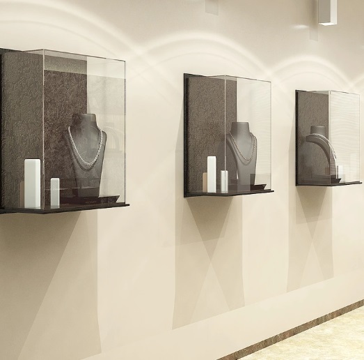 Square Glass Jewelry Display Cabinet with Rose Gold Trim & Leather Base Freestanding LED Lighting for Retail Stores