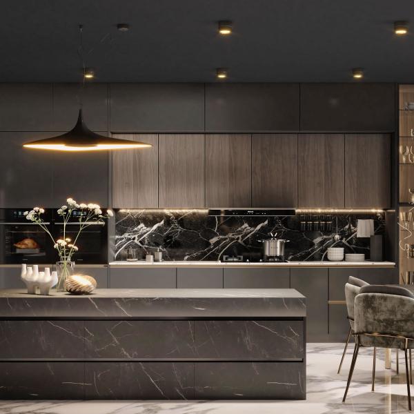 Modern Custom Kitchen Cabinet With Quartz Island Worktop For High-End Villa Living Room Home Furniture