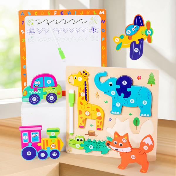 Montessori 4-in-1 Children's Wooden 3d Puzzle Early Education Cartoon Jigsaw With Drawing Board Certified En71 Games for Boys
