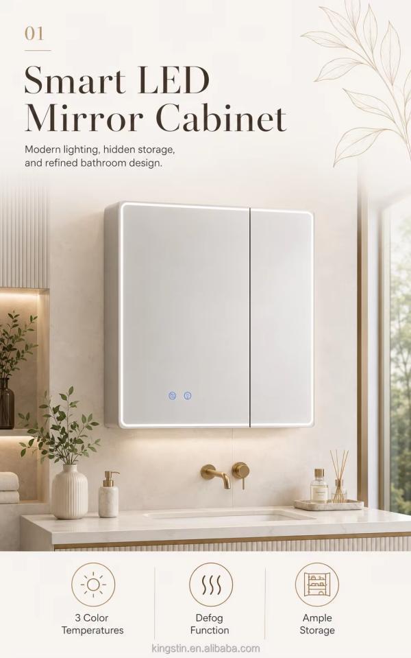 Kingstin Customizable Aluminum LED Mirror Cabinet with 3 Color Lighting and Interior Storage for Modern Bathrooms | 8+ Years