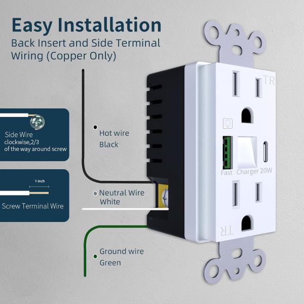 Tamper Resistant Night Light USB Outlet 125V 15A USB Receptacle With Night Light PD3.0 Fast Charger