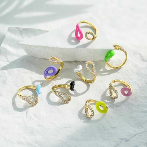18K Real Gold Plated Adjustable Diamond Rings Colorful Enamel Geometrics