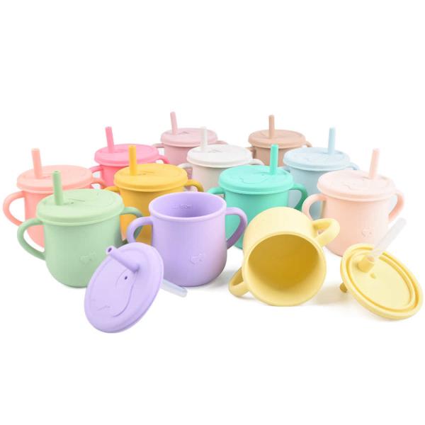 Copo rosa com alças 150 ml Copo de silicone para crianças Design de desenhos animados