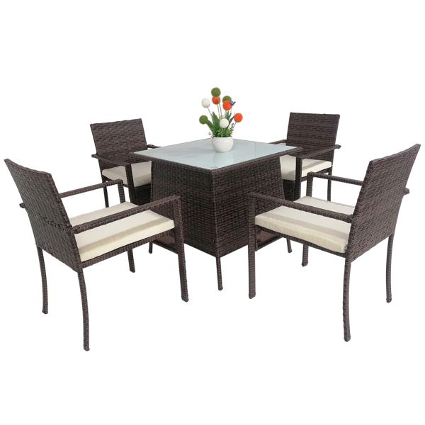Factory 2027 Hot Sale 1 Piece Table 4 Pieces Chairs  Garden Rattan Dining Set Tempered Glass Table Top