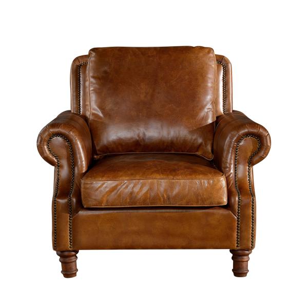 Retro Brown High Back Leather Armchair Hard Solidwood Frame American Style
