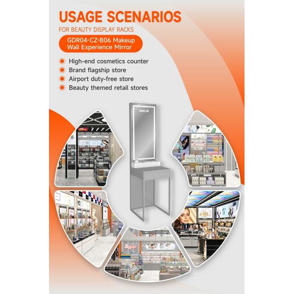 GDR04-CZ-B06 Espejo de experiencia de maquillaje en la pared con luz blanca y techo de vidrio gris para boutiques de marcas de cosméticos
