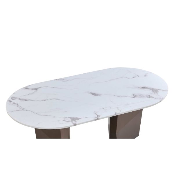 T1055 Oval White Marble coffee Table with Geometric Bronze Base Modern Minimalist