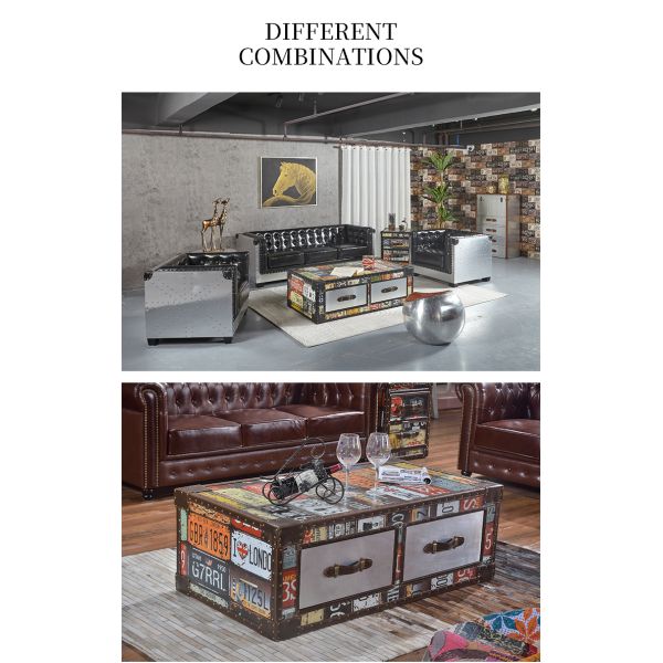 Nidea #8653 Handcrafted Durable Multi-purpose Vintage Wood Living Room Cabinet Retro License Plate Design Featuring Two Drawers