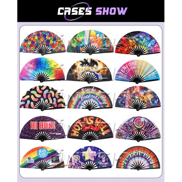 Custom Printed Large 33 cm Portable Painted Design Rave Bamboo Folding Hand Fan for Music Performance Festivals and Parties