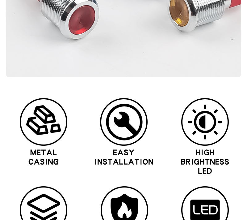 12MM Metal LED Warning indicator light Signal Lamp Pilot Wires switch 6/12/24/220V Red Green Blue White Yellow