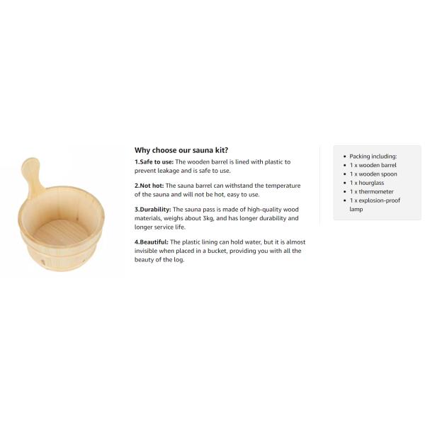 Sauna Accessories Kit Pail Wooden Bucket Dipper Lamp Traditional Pocket Timer with Thermometer Water Scoop Hourglass Spa Home Sauna Kit