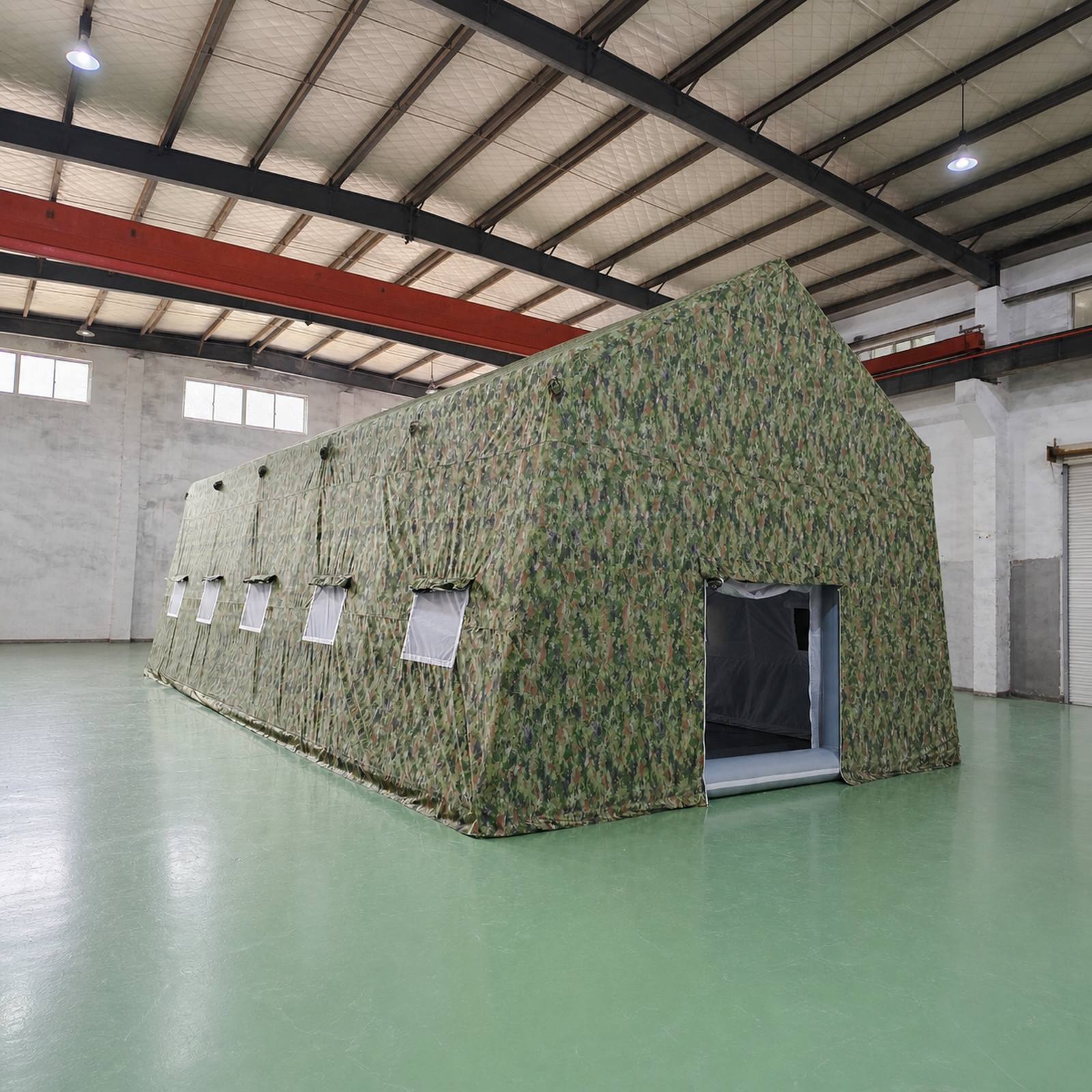 Commercial Camouflage Inflatable Emergency Shelter Tent with Large Capacity Air Frame Windows and Modular Entrance for Field Operations
