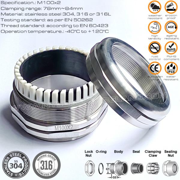 Type 316L, 316, 304 Stainless Steel IP68 Cable Gland M100x2.0 Metric Thread (EN 60423) for 78mm~84mm Cables