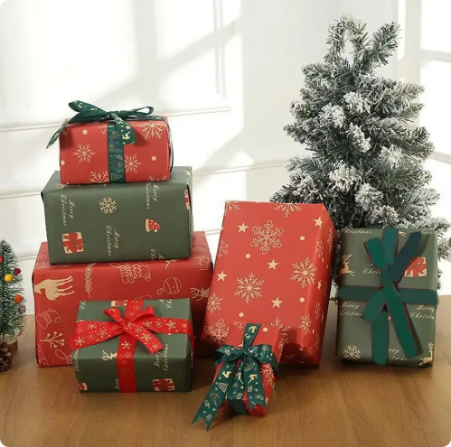 Christmas Wrapping Paper Rolls PE Coated Waterproof With Classic Xmas Patterns For Gift Wrapping DIY Crafts