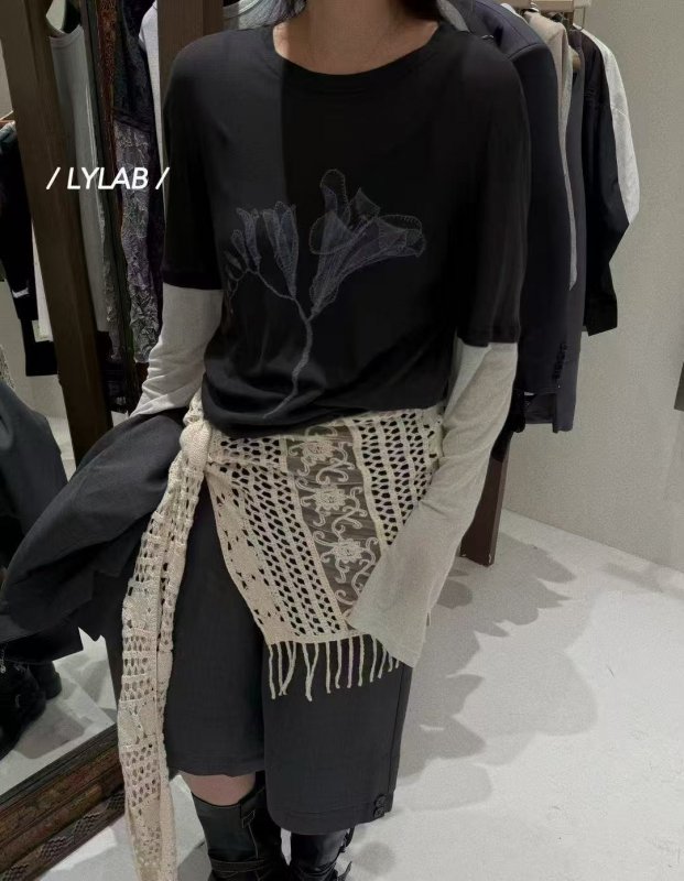 Spring and summer 80% long staple cotton 20% kapok dark gray mixed mint color long staple cotton color blocked artificial two-piece printed T-shirt