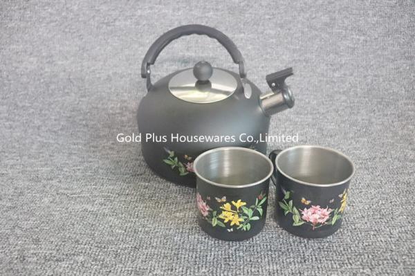 Promotion stainless steel tea kettle set with two mugs high grade fashion flower pattern water kettles