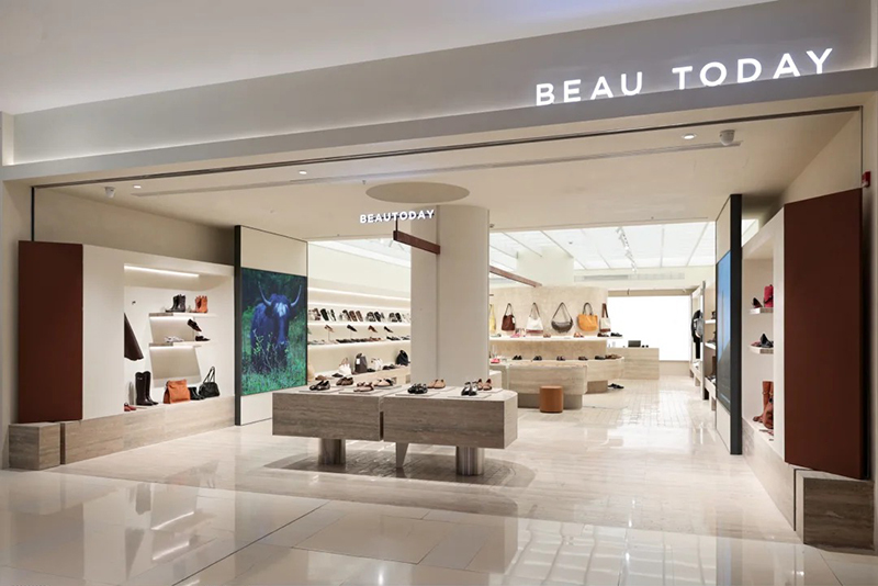 Full Warm Neutral Minimal Leather Shoe Handbag Store Interior Design