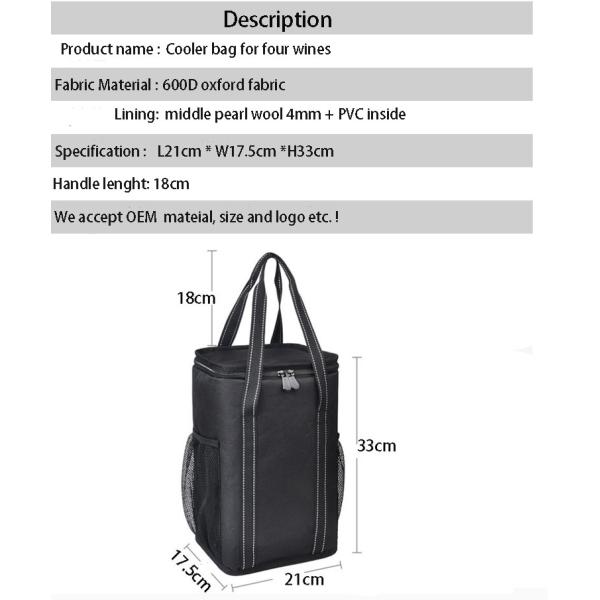 Premium quality Ice Insulated oxford wine bottle cooler bag for four wines