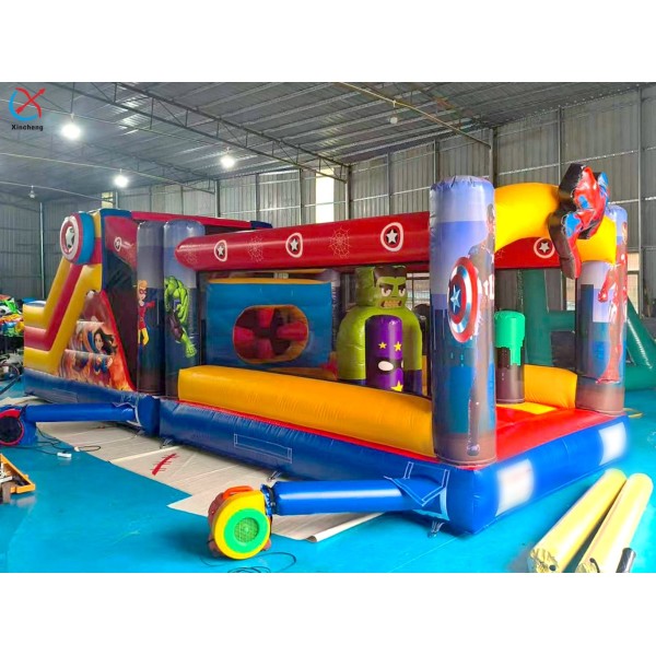 Super Hero Theme Inflatable Obstacle Course With Slide Inflatable Jumping Castle