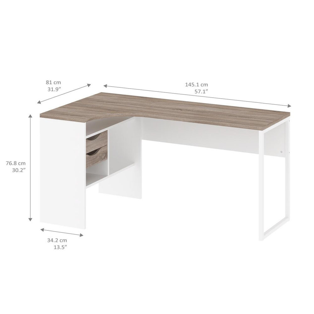 Student White L-Shaped 2-Drawer Computer Desk with Truffle Top and Foldable Design