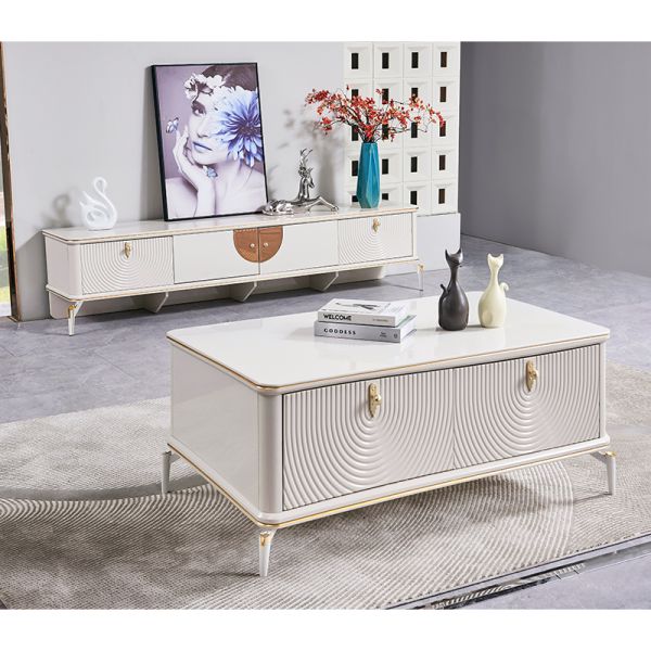 White Modern Simple TV Stand and Coffee Table Set Home Storage Large Square Wooden Luxury Living Room Center Coffee Table