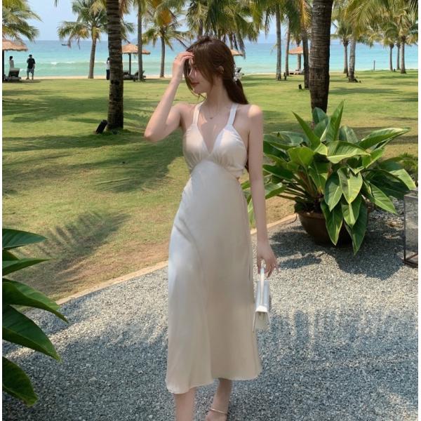 Suspender Womens Vacation Dresses Backless Tie Back Low Cut V Neck