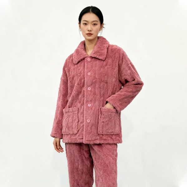 Light Pink & Dusty Rose Warm Plush Button-Front Pajama Set - Two-Piece Loungewear with Pockets