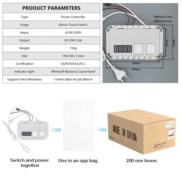 12V 5A 60W LED Bathroom Mirror with Smart Touch Switch and Time Temperature Display