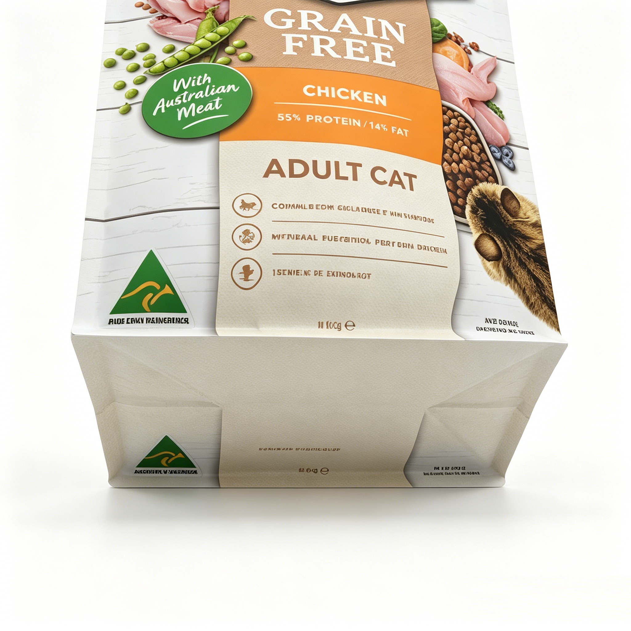 Recyclable Heavy-Duty Side Seal Pet Food Bag | Slider Zipper Flat Bottom Pouch For 4kg Grain-Free Adult Cat Dry Kibble Eco-Friendly Packaging