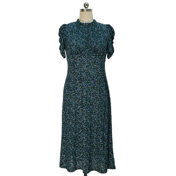Dark Green Ditsy Floral Print Midi Dress with Puff Sleeves
