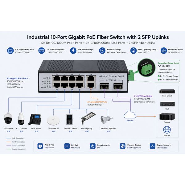 IP40 Gigabit Ethernet Poe Switch Industrial 8 Port Poe Switch With Fiber Uplink