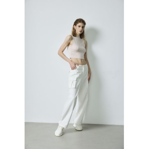 Self Cultivation Basic Tops Pink Mock Neck Sleeveless White High Waist Wide Leg Cargo Pants Set