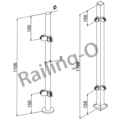 90° Corner Post with Cap L150 for Handrail Systems AISI304/316 Satin/Mirror Finish