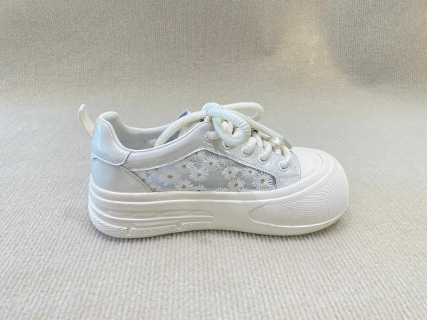 Heightening Sneakers PU White Leather Espadrilles With Pearl Flower
