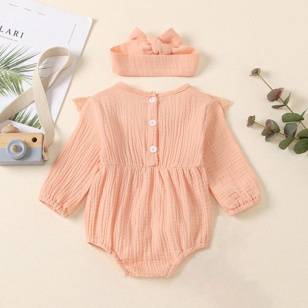 Wholesale baby summer Lace Ruffled muslin Buttons baby bodysuit with headwrap set