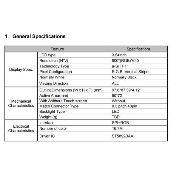 3.54 Inch TFT Display Round Module 800x640 Resolution SPI+ RGB Interface 1200 CD/M2
