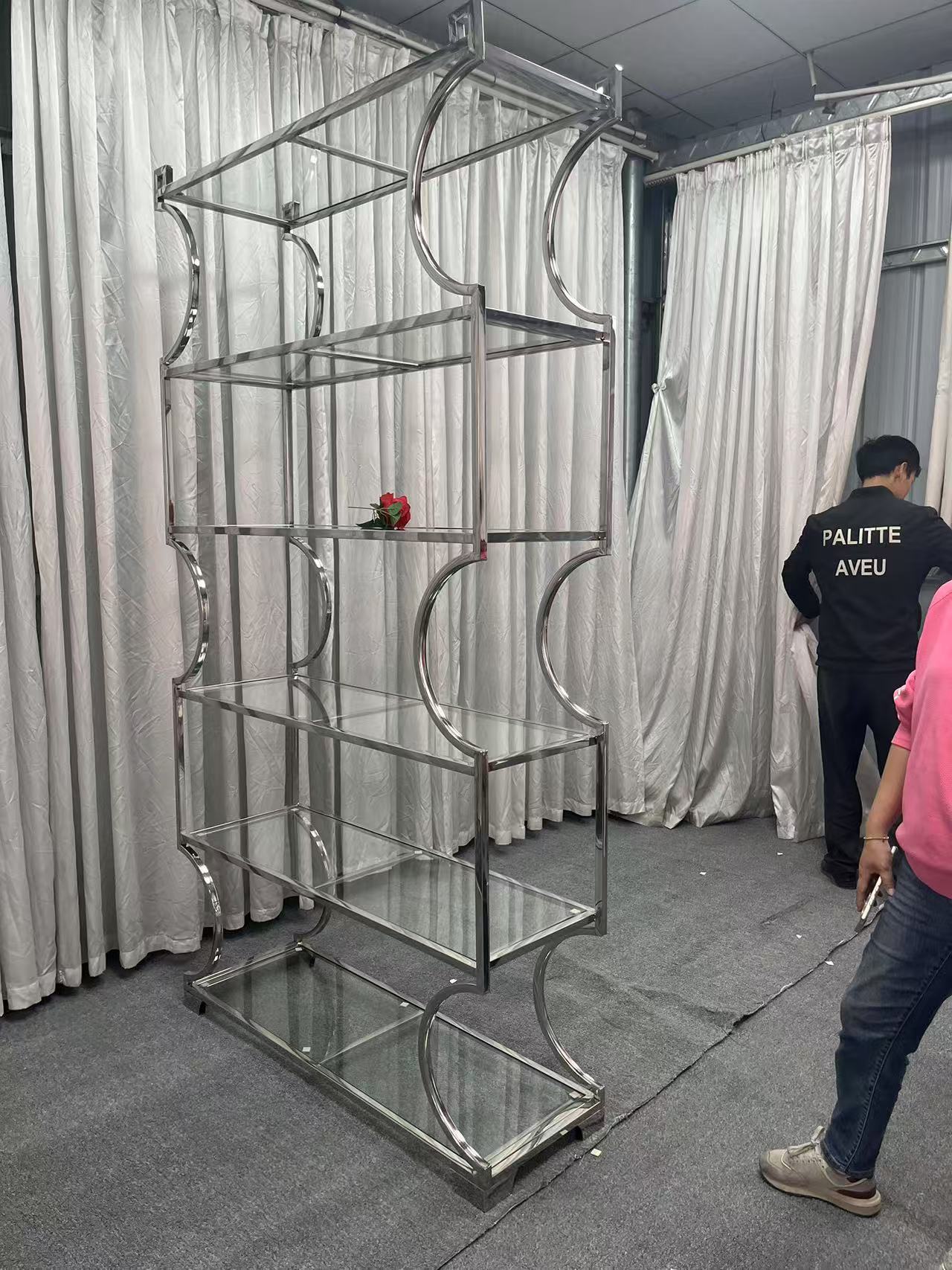 WENDING Silver 7-8 Tier Glass Shelf Wedding Display Rack – S-Curve Crescent Side Stand