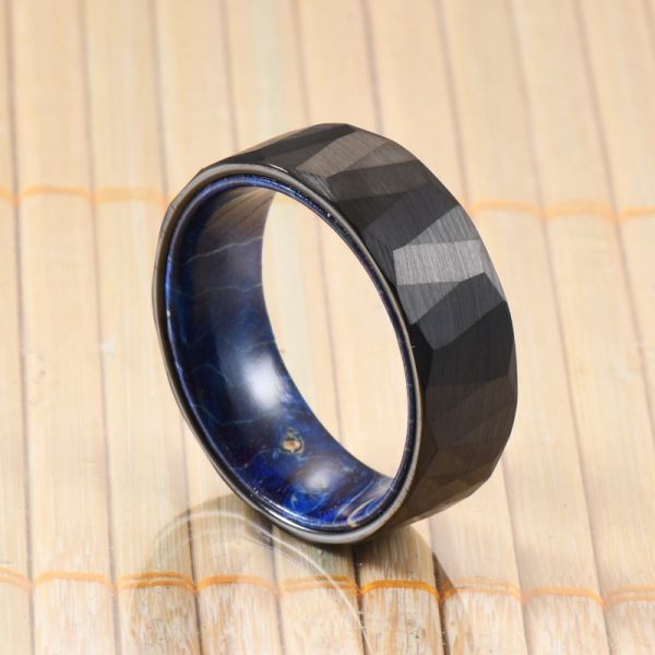 Blue Purple Box Elder Wood Inner Brushed Faceted Styles 8mm Classic Silver or Black Tungsten Ring for Men Wedding Bands
